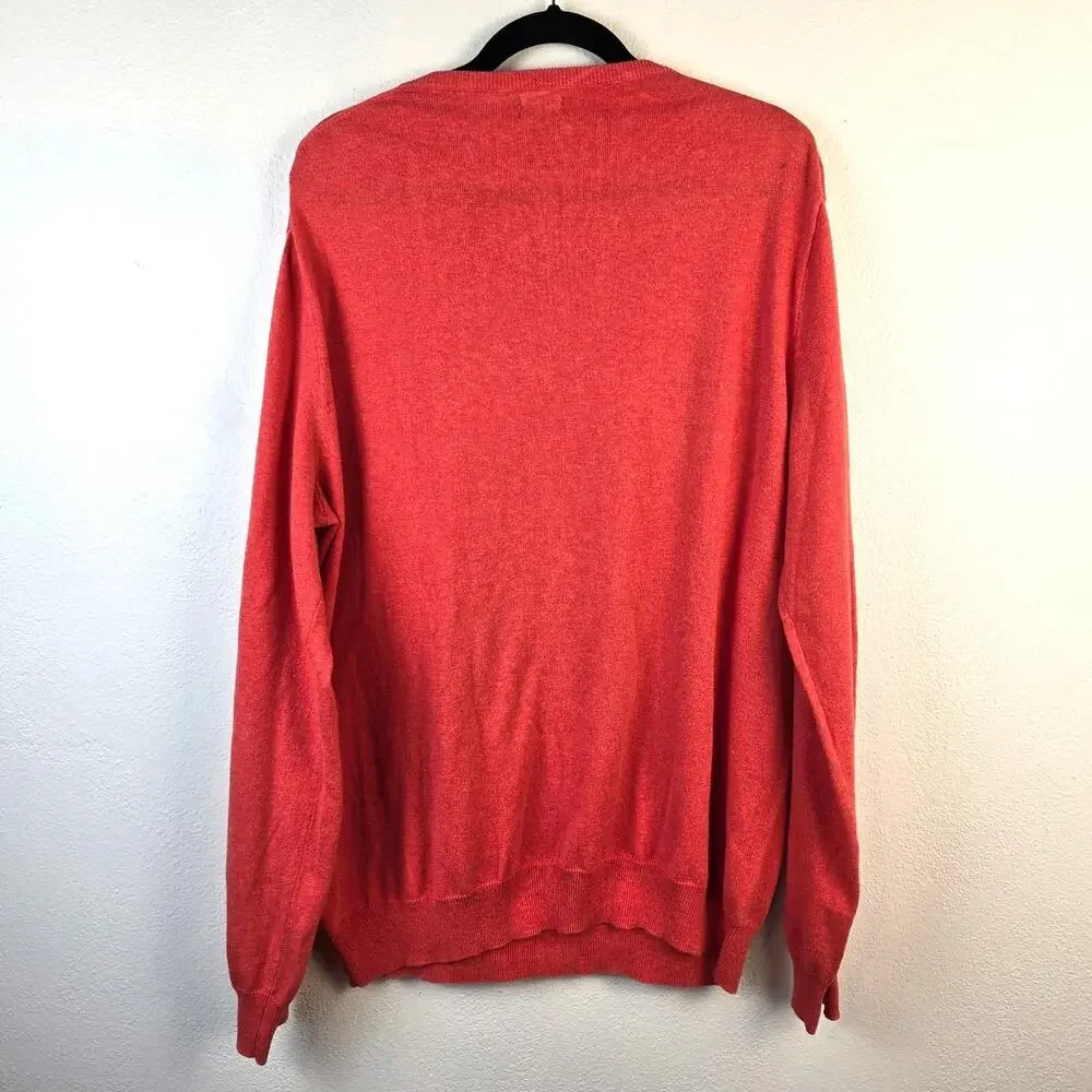 J Crew Men's Sweater XLT Orange Red Cotton Cashmere Blend V Neck Classic Preppy